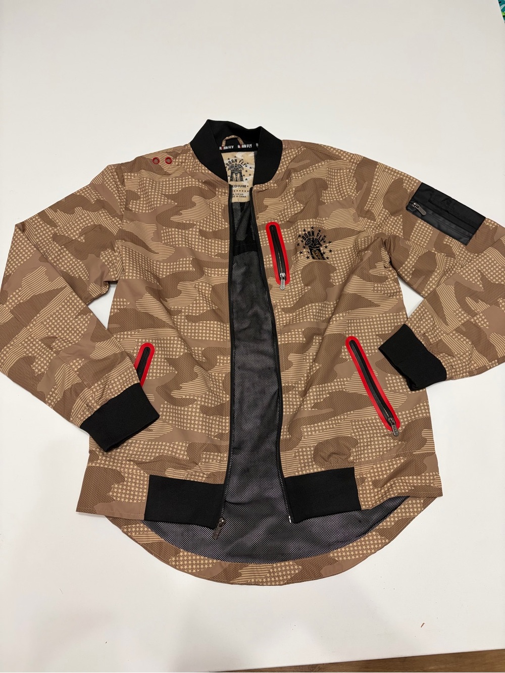 Born Fly Men's Tan Camo Lightweight Bomber Jacket with Red Zip Accents trendy